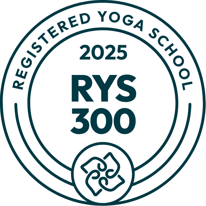 Certification badge for Registered Yoga School 2025 with the code RYS 300, featuring a circular design and a stylized yoga pose icon at the bottom.