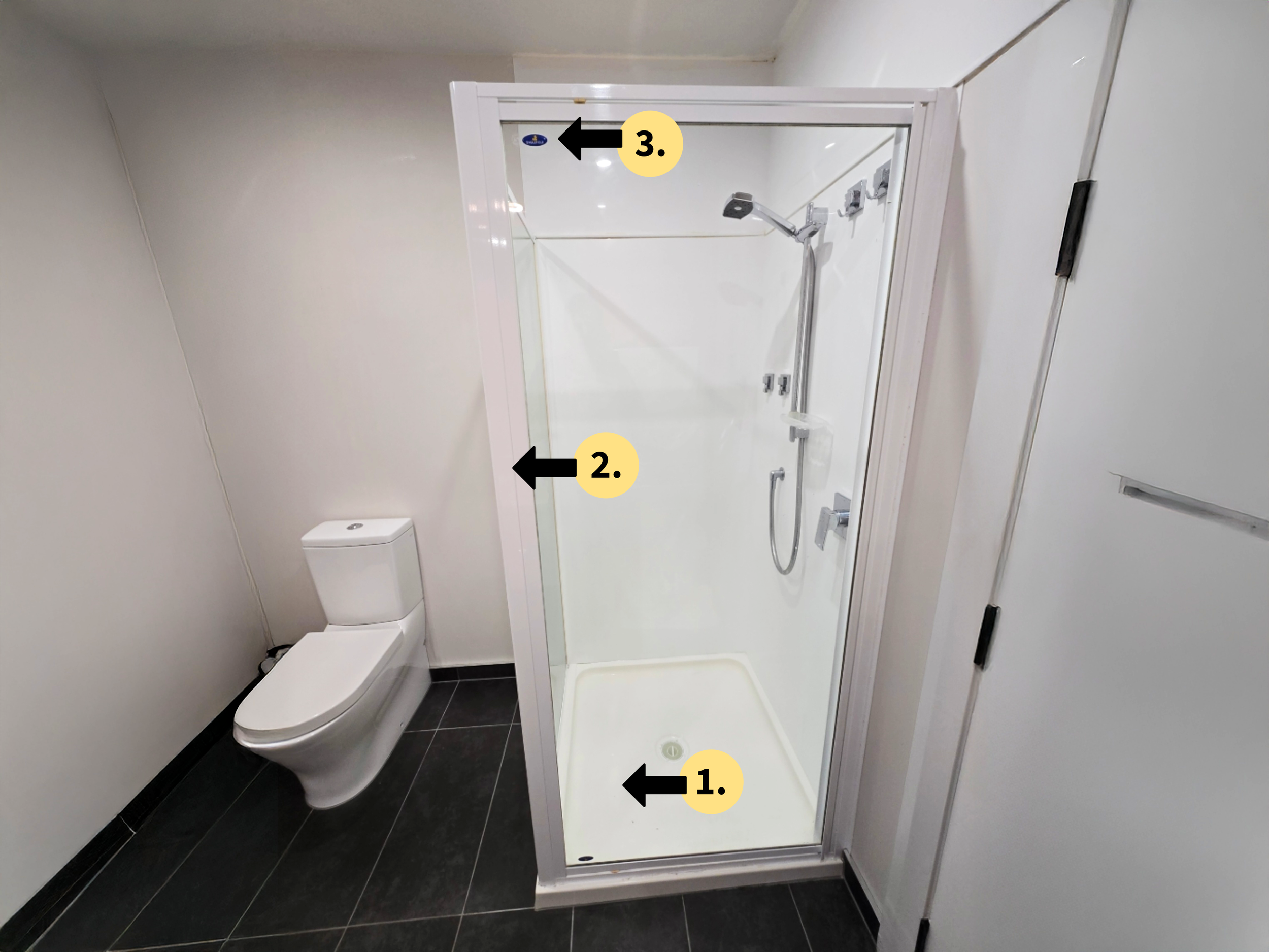 Prefabricated kitset shower with aluminium frame and fixed glass panels