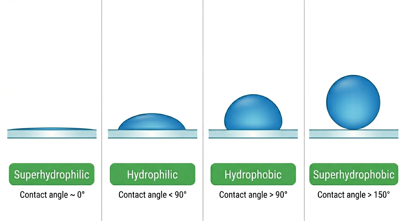 water behaviour on glass diagram showing superhydrophilic, hydrophilic, hydrophobic and superhydrophobic surfaces