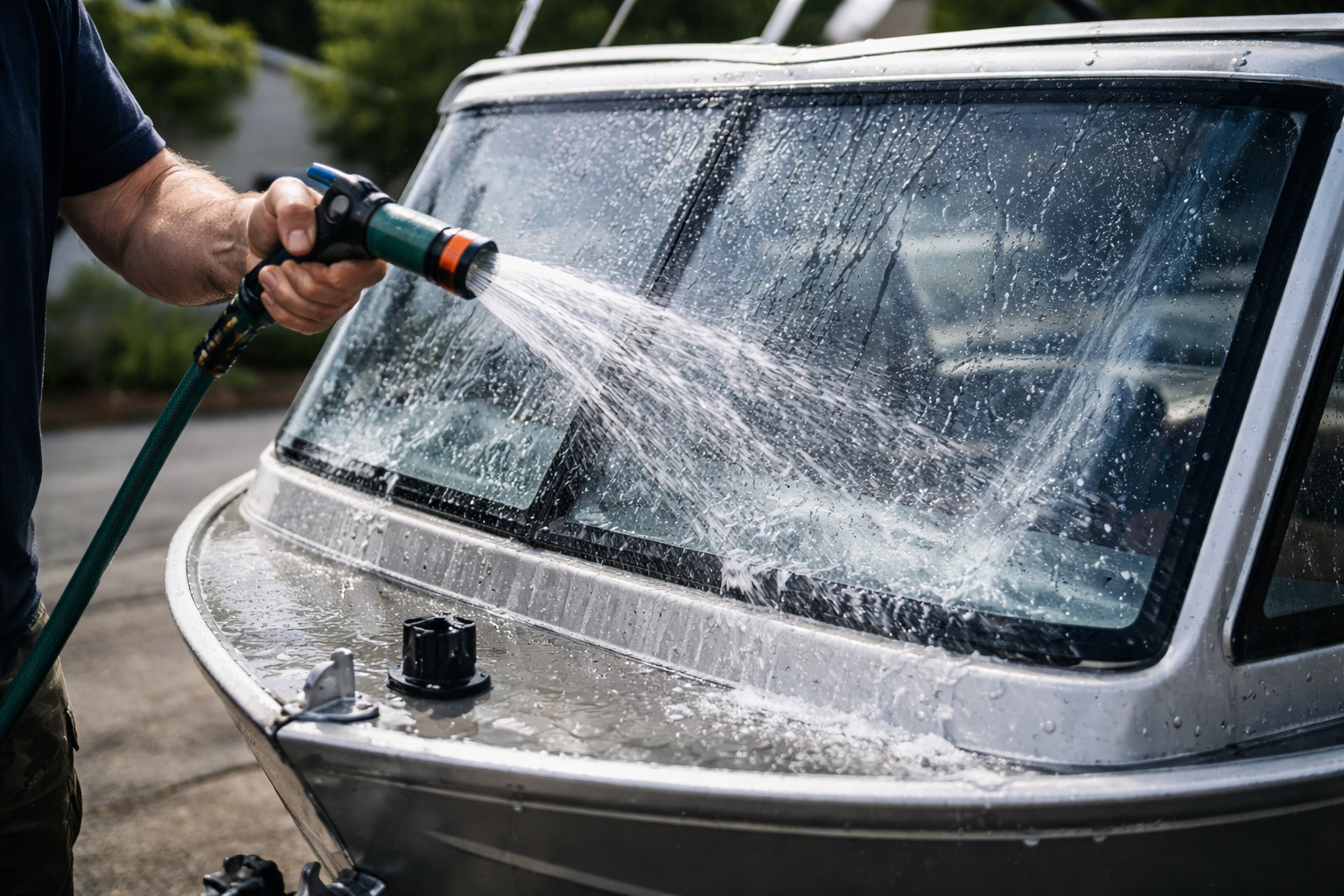 Rinsing a boat windscreen with fresh water to remove salt residue.