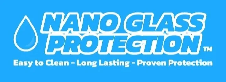Blue label with water droplet icon and text 'Nano Glass Protection' in white and light blue, with a tagline 'Easy to Clean - Long Lasting - Proven Protection' at the bottom.