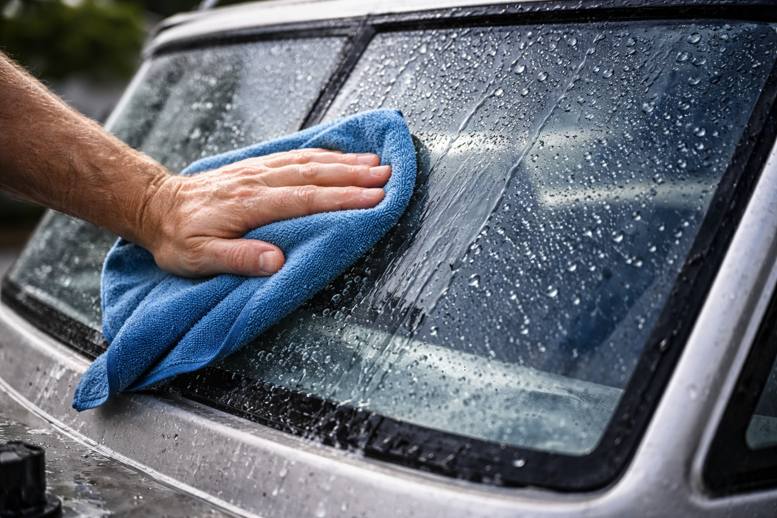 Wiping a boat windscreen with a damp microfibre cloth