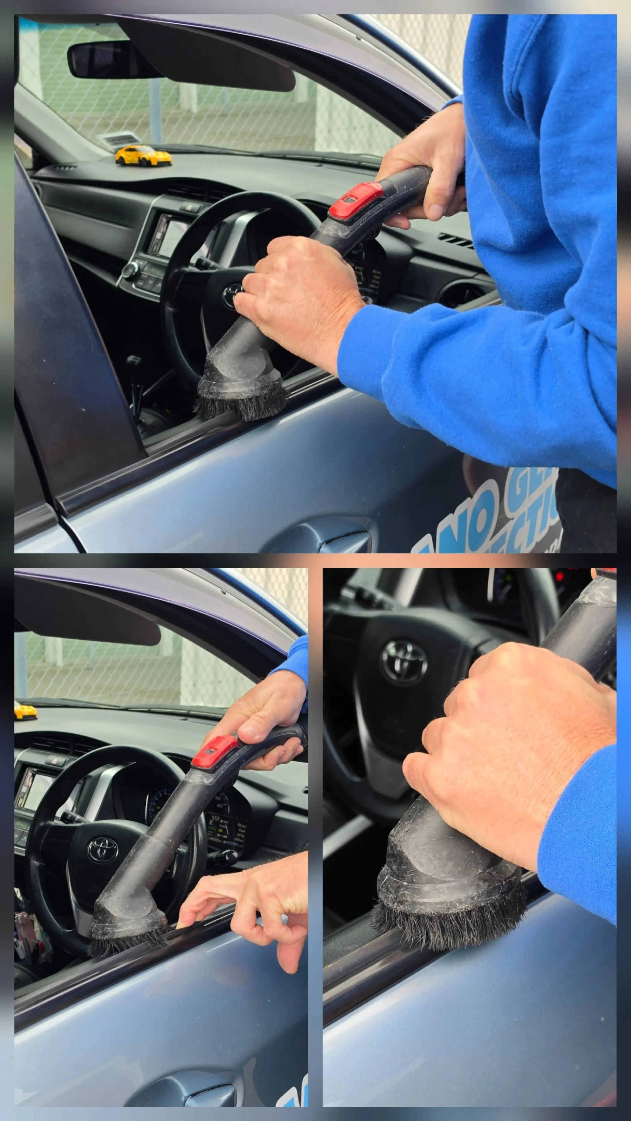 Vacuuming vehicle window sweeper seals to remove debris and prevent scratches on automotive glass.