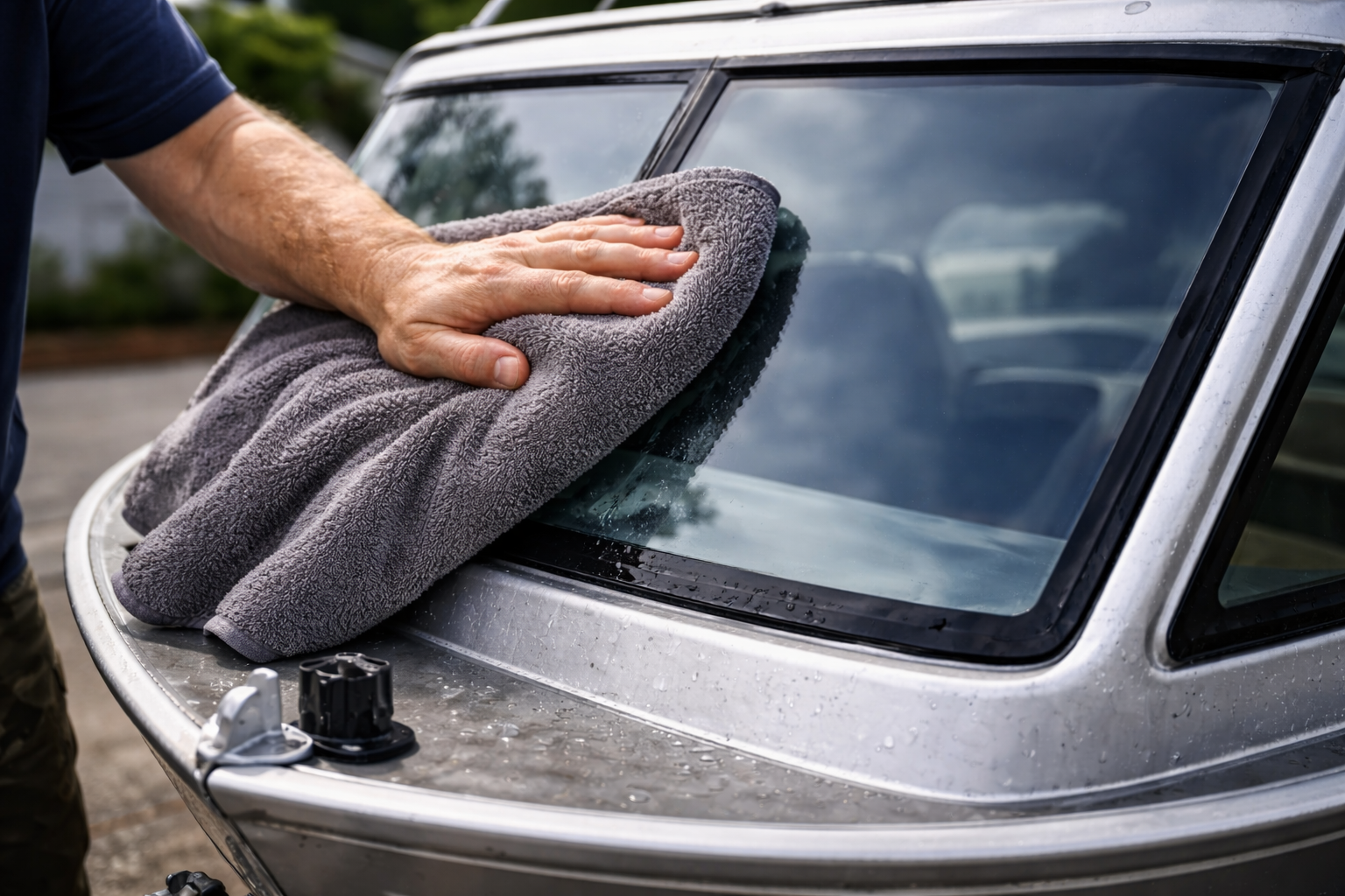 Drying a boat windscreen with a clean microfibre towel.