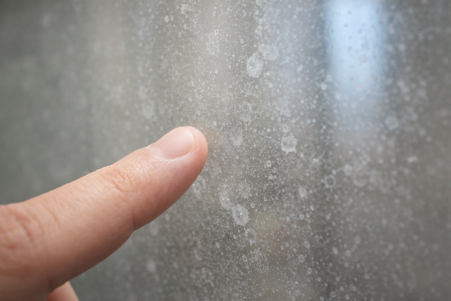 Finger pointing at hard water mineral stains on shower glass surface