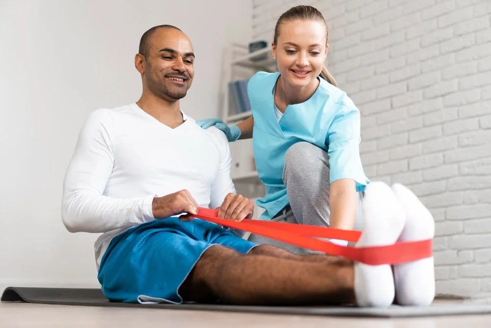 Sports injury rehabilitation session with physiotherapist guiding patient through knee strengthening exercises