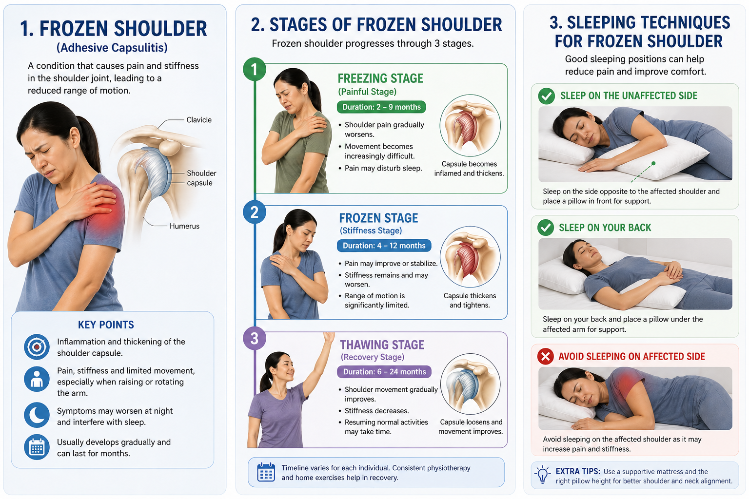 Diagram showing the 3 stages of frozen shoulder (adhesive capsulitis) and recommended sleeping positions for shoulder pain relief