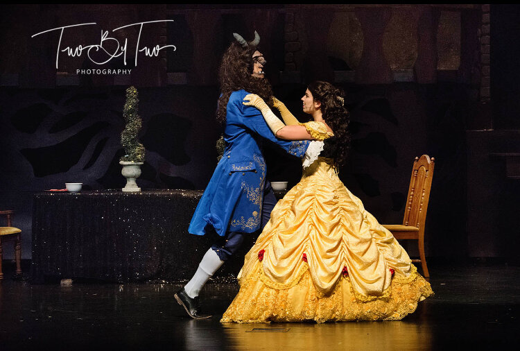 Belle and Beast during "Beauty and the Beast."