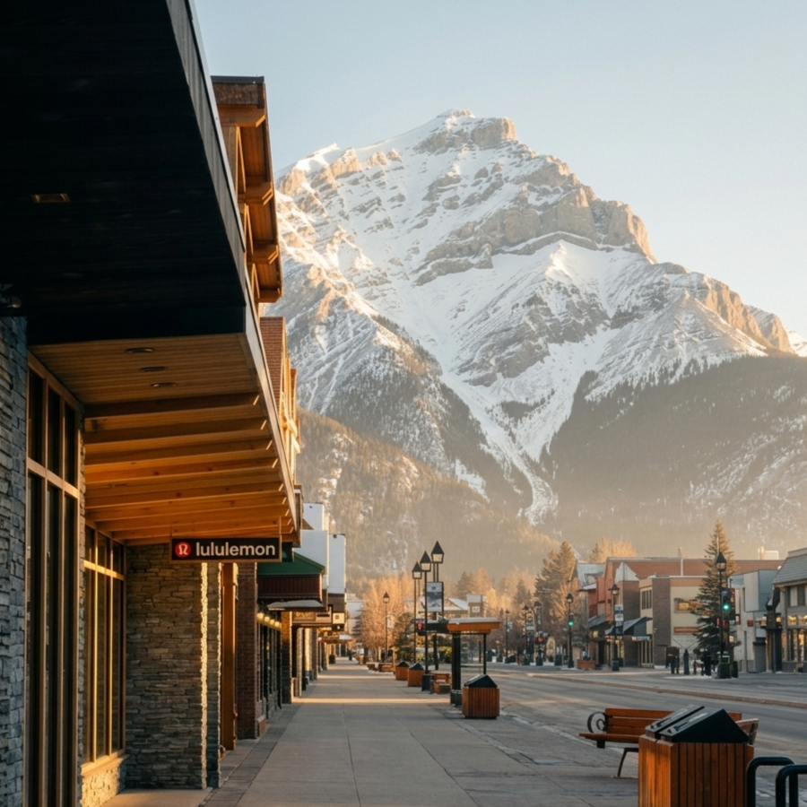 Banff Lululemon store in front of iconic Cascade Mountain on a sunny morning.