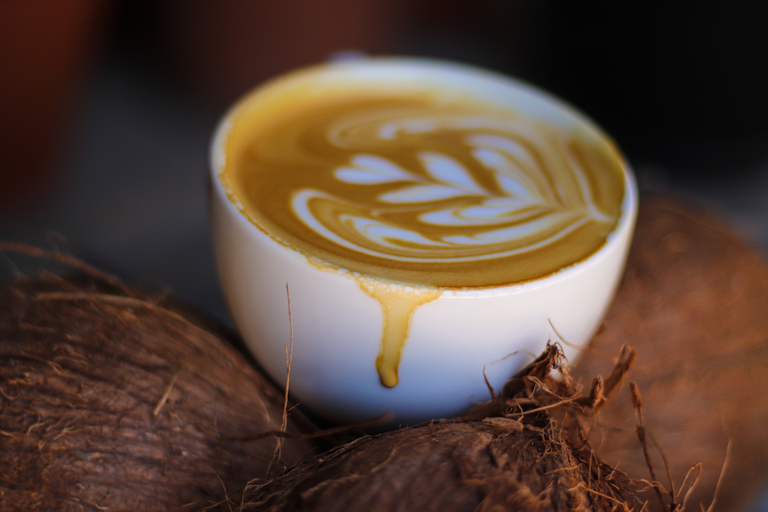 A cup of coffee with latte art on top, sitting on a coconut shell with a dark background.