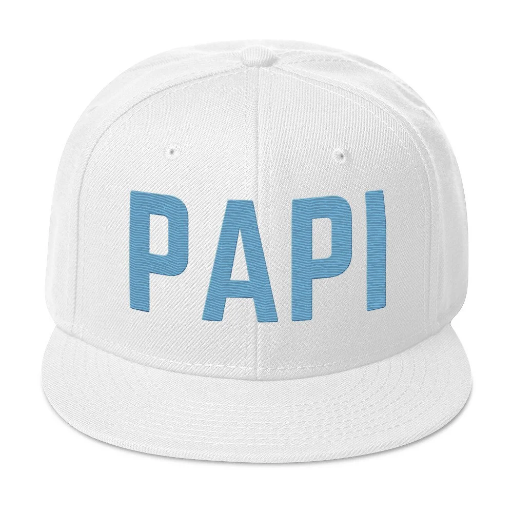 White PAPI Snapback with Light Blue Embroidery