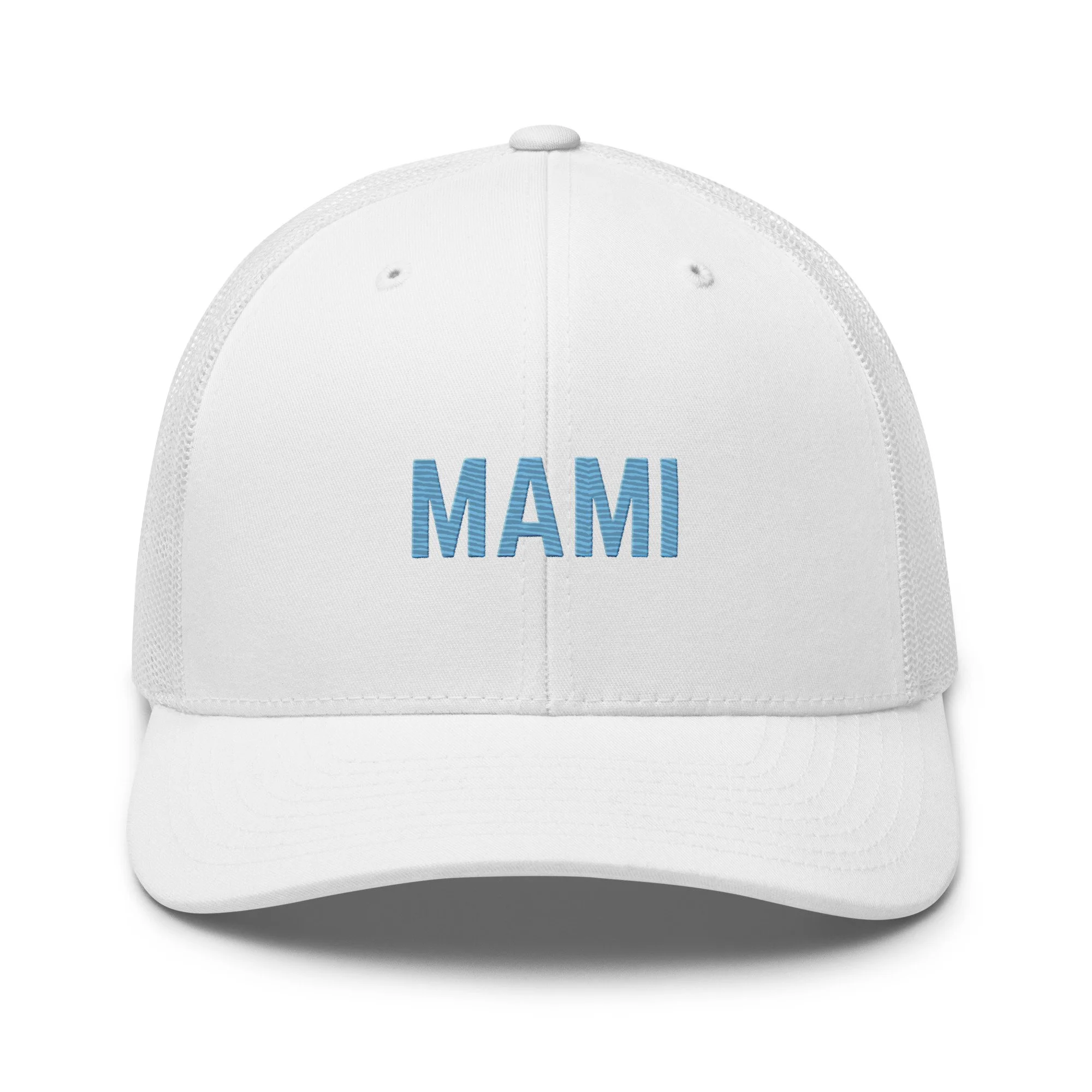 MAMI WHITE TRUCKER HAT WITH LIGHT BLUE EMBROIDERY