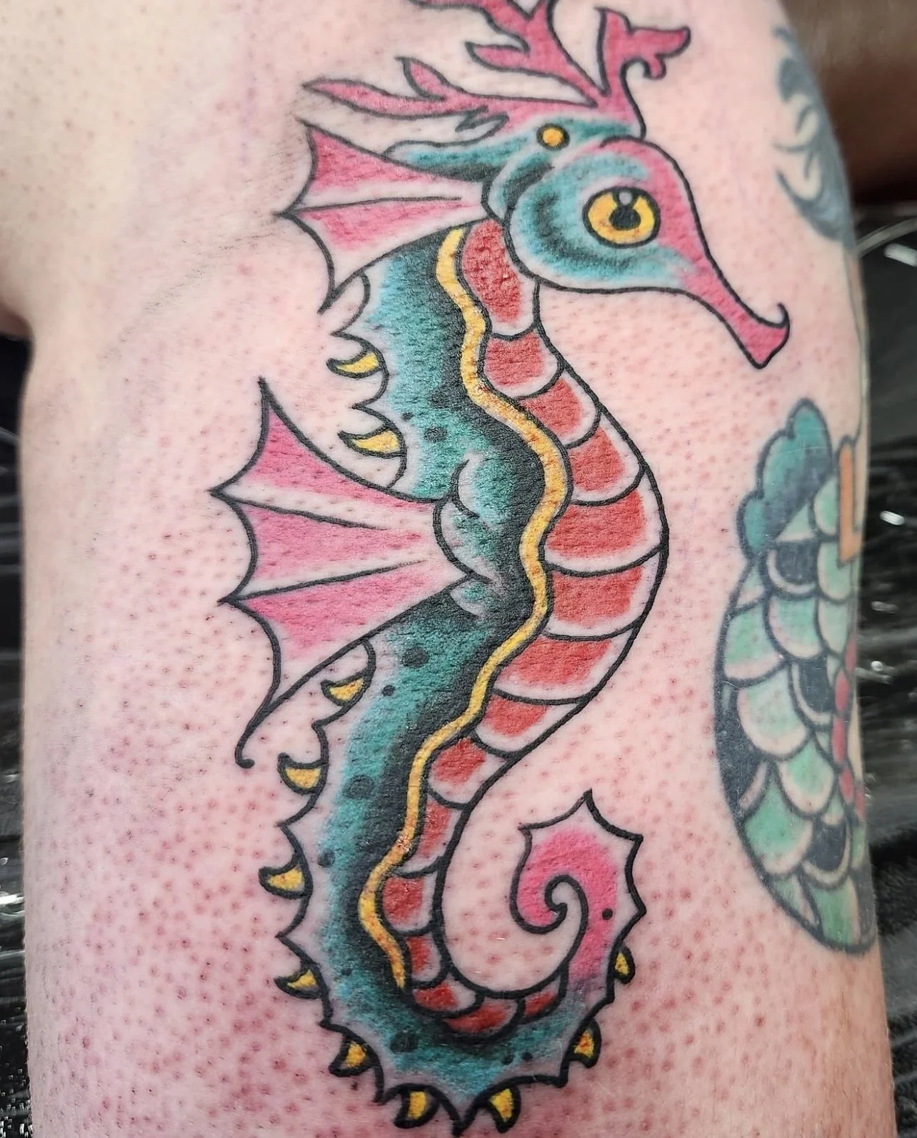 Colorful tattoo of a seahorse with pink, blue, and red shades on person's skin.