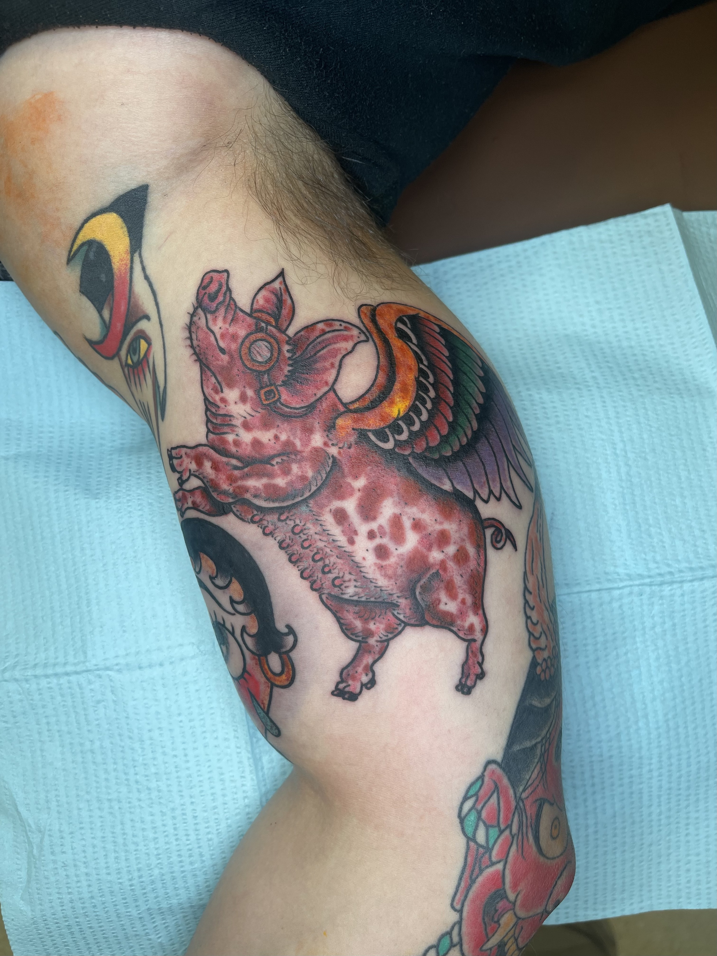 A person's upper arm with colorful tattoos, including a pink dog wearing a collar, a dragon, and other decorative elements.