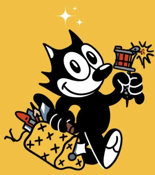 Cartoon black cat holding a lit firework and a bag of fireworks on a yellow background.
