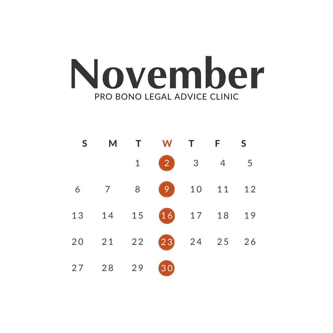 Here's a peek into the November Wednesday Pro Bono Legal Clinics:⁠
⁠
November 2nd: FULL⁠
Housing &amp; Family Law Clinic ⁠
⁠
November 16th: 3 openings⁠
Employment &amp; Housing Clinic⁠
⁠
Book for free legal advice:⁠
Call 1-877-762-6664⁠
Click the lin