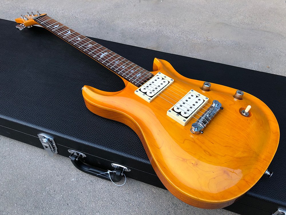Double Cut Lemon Ginger Guitar, Bird Inlays, Plain Maple Cap, Uncovered Pickups 001