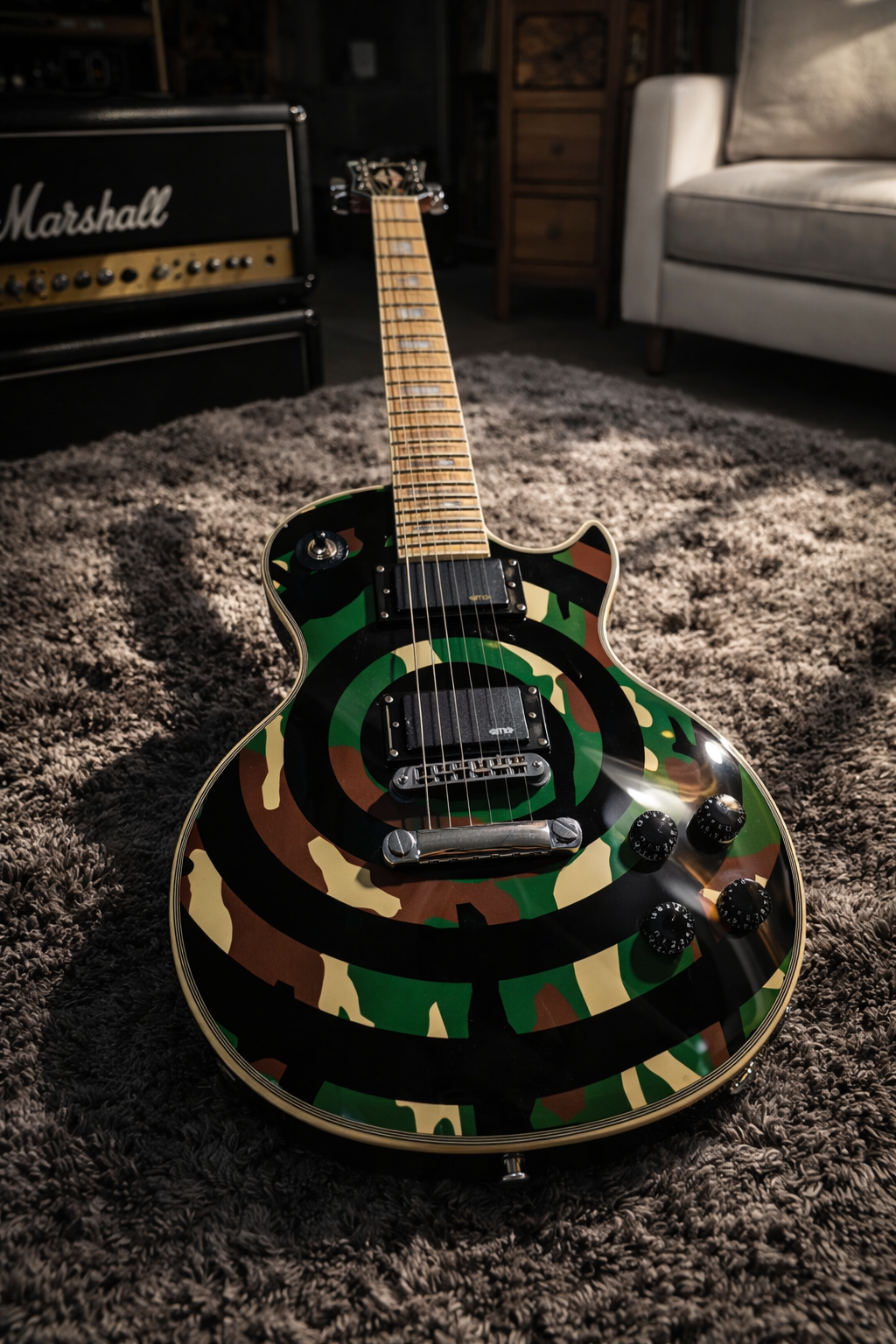 New LP Camo Zakk Wylde Bullseye Electric Guitar w Stainless Steel Frets, Active pickups and Bone nut