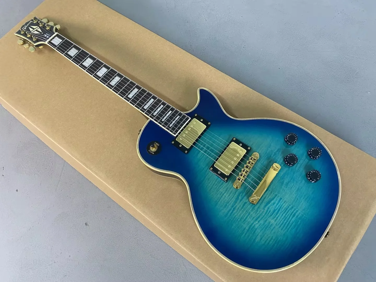 New LP Custom Diamond Blue Electric Guitar w Flame maple top, Stainless Steel frets, Nashville TOM Bridge and Bone nut