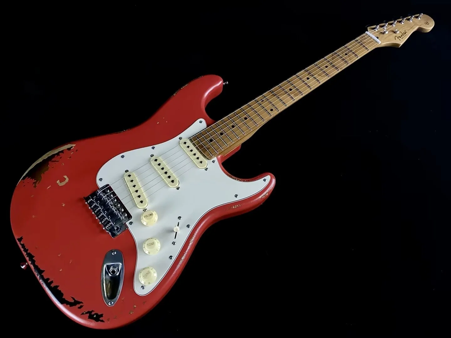 Fiesta Red ST Guitar w Stainless Steel frets w ball ends,  Roasted Maple neck, Alder body, Handmade Relic works