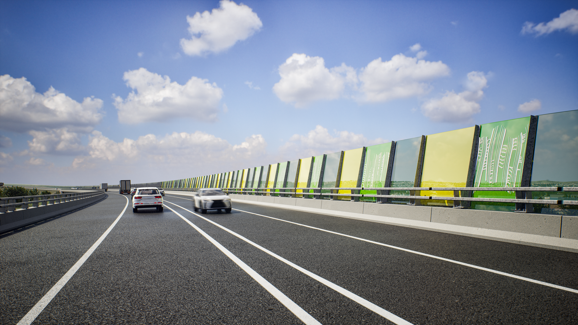 Abstract linework representing country on green panels. First Nations Artwork on Singleton Bypass major Infrastructure Development