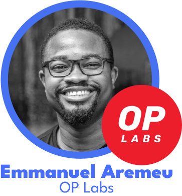 Smiling man with glasses in a circular frame and a red label reading 'OP LABS' on blue background.