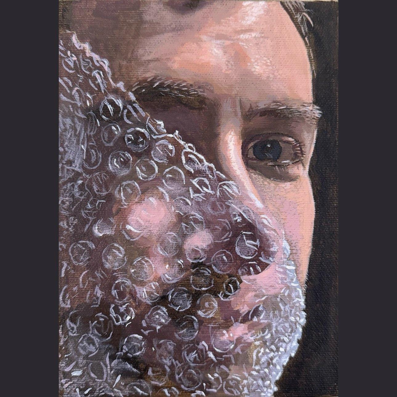 &ldquo;In my bubble&rdquo;. Small acrylic study with bubble wrap. Started this afternoon and planned to do tomorrow but I think I&rsquo;m finished early! #portraitpainting #acrylicpainting #bubblepops