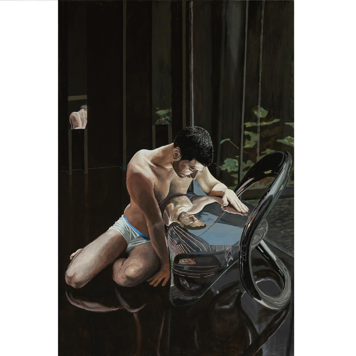 &ldquo;Narcissus @ the Nexus of Love&rdquo;. Oil on canvas 80x120cm. Narcissus was a figure from Greek mythology of unparalleled beauty. Their allure transcends gender, capturing the hearts of all who gaze upon them. In a sad twist of fate, Narcissus