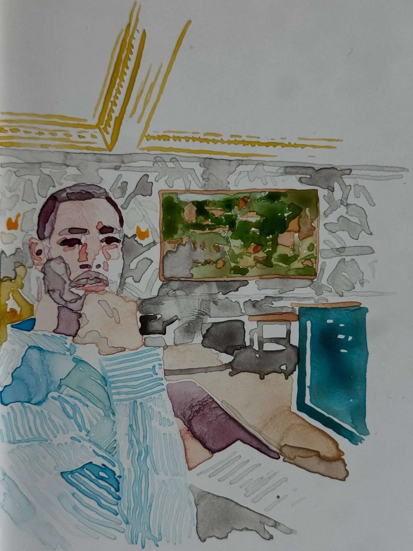 Sketch of Juda having tea in the Fife Arms with painting of Peter Bruegel the Junior in the background. Painted using a Winsor &amp; Newton watercolour travel set in a tiny sketch book. 
.
@winsorandnewton @thefifearms #sketching #watercolor