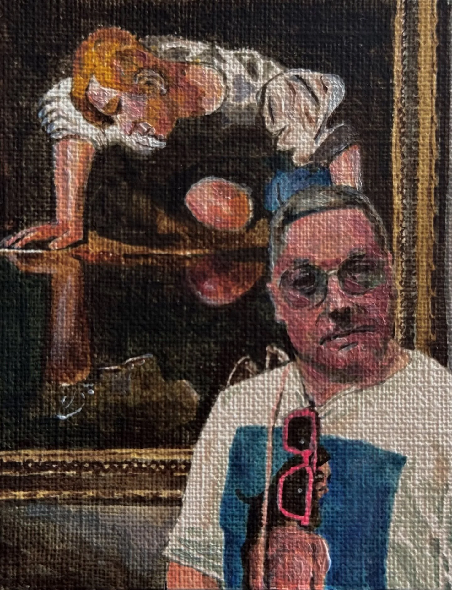 A tiny self-portrait painted in acrylics of me visiting the last day of the Caravaggio exhibition in Rome with his Narcissus painting in the background. I was wearing a @tmdavy fundraiser t-shirt for @motherdaughterholyspirit.nyc featuring @harinef  