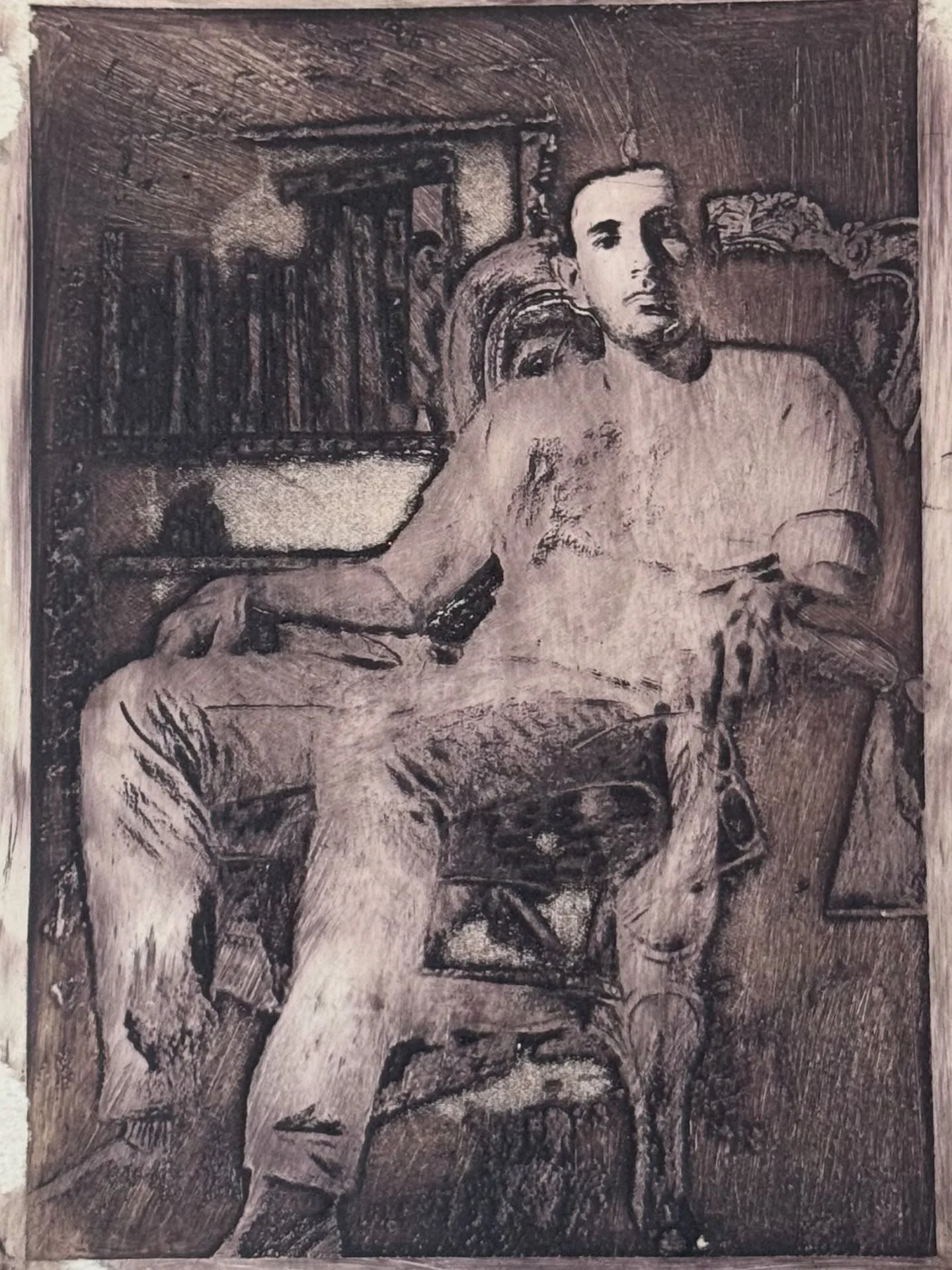 Second attempt at photo-etching. The exposure is better on this but the process doesn&rsquo;t like large black areas - probably needs a Moir&eacute; pattern? Based on a charcoal drawing of @judaaestheticpro. Still having problems with the paper stick