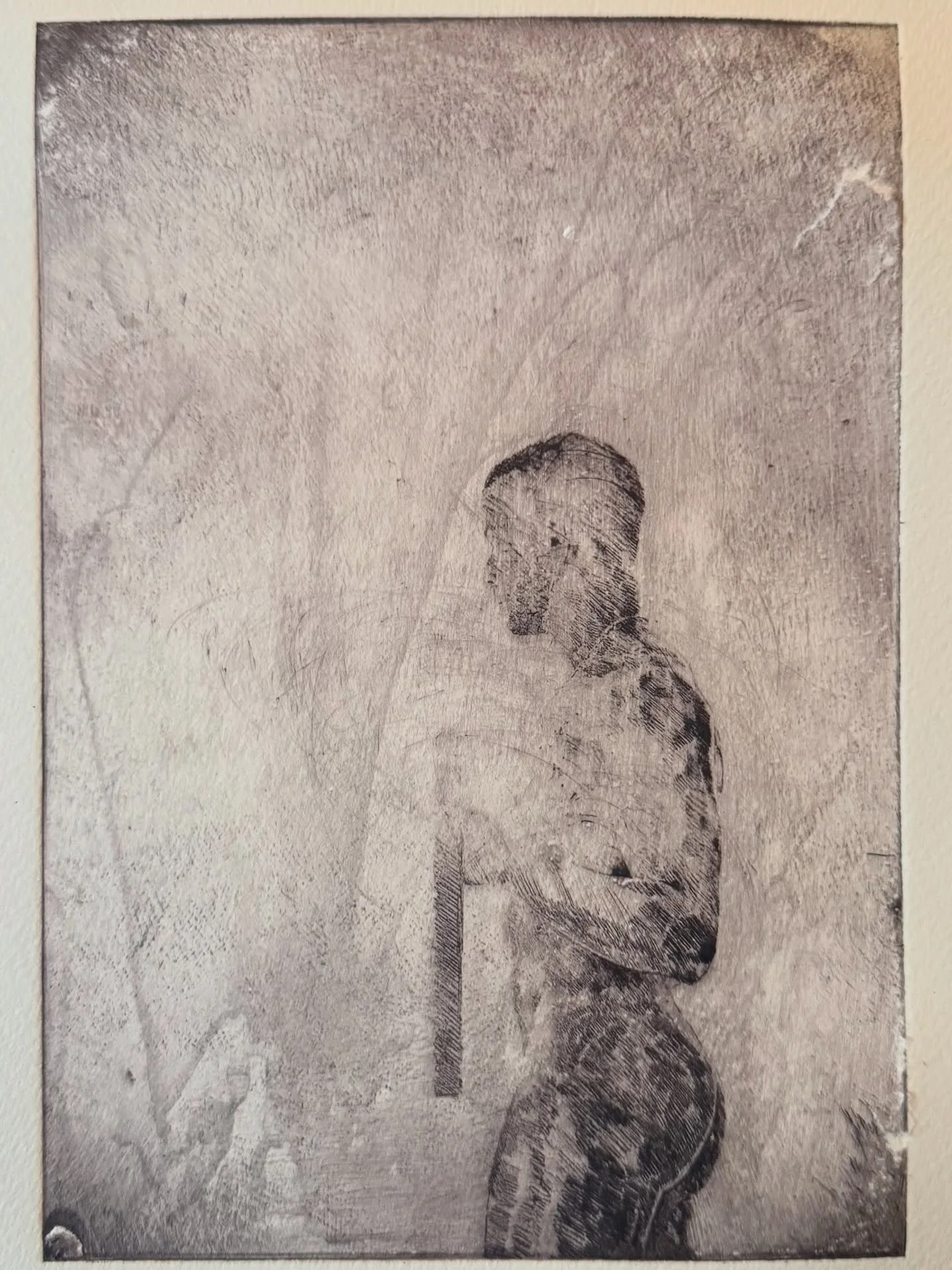 First attempt at photo-etching. Think the plate is a little overexposed. And problems with the paper sticking to the plate surface (any ideas)? Based on a drawing of @rhiansongs as Apollo, the god of music. Needs a few more attempts! #photoetching #e