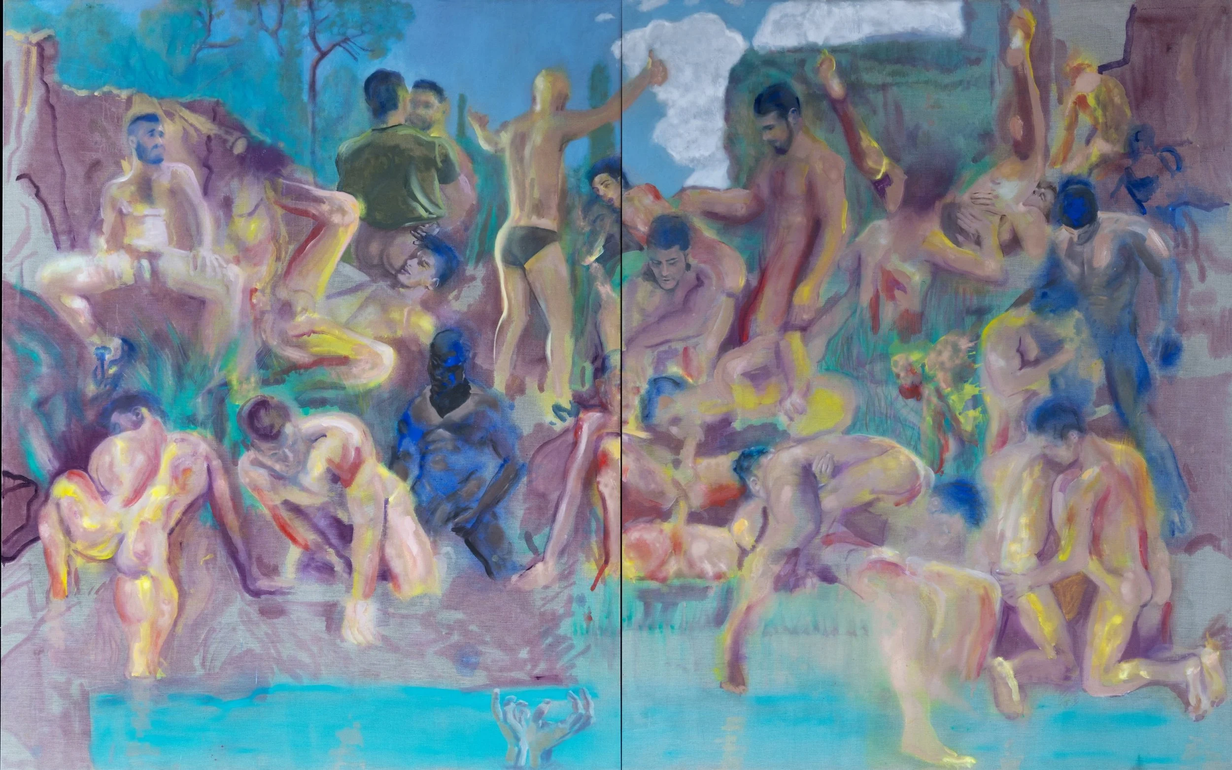 The Sanctuary at Cascina (after Michelangelo). Oil on linen. 320 x 200cm. 

Michelangelo&rsquo;s Battle of Cascina depicts soldiers surprised while bathing, scrambling to dress before battle. It is a painting about urgency, vulnerability and the disc