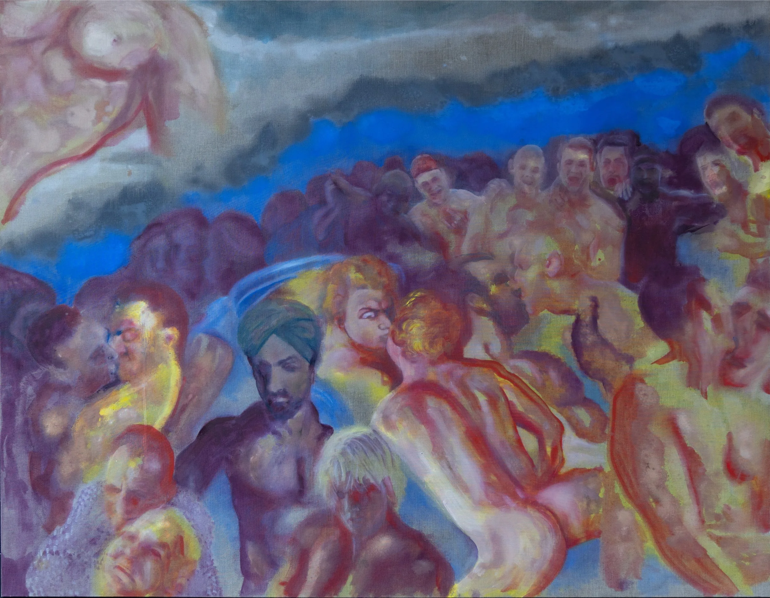 THE WELCOME. Oil on linen. 180 x 140cm. 

This painting began with a small detail in Michelangelo&rsquo;s The Last Judgement, his altarpiece for the Sistine Chapel. 

Hidden among the hundreds of figures ascending to heaven is an intimate encounter b