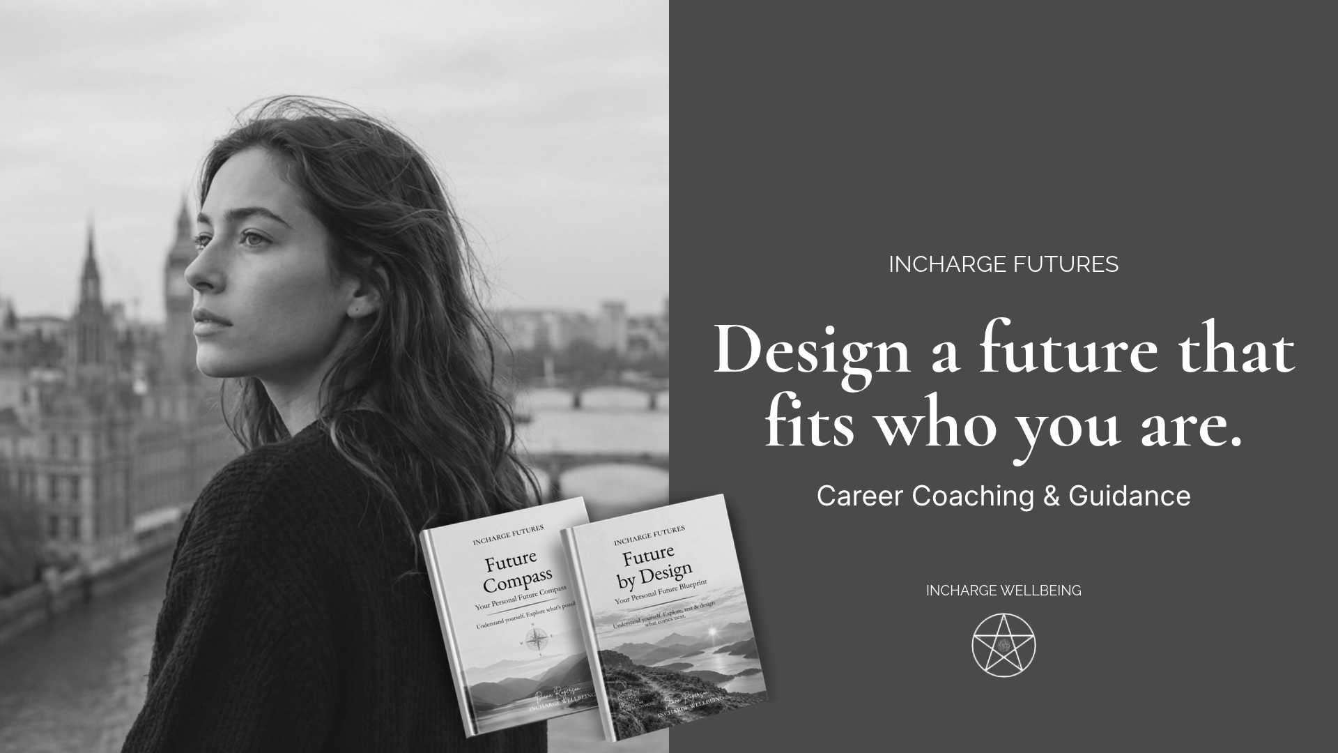 Incharge Futures career guidance image featuring a young woman, Future Compass and Future by Design guides, and the words Design a future that fits who you are.