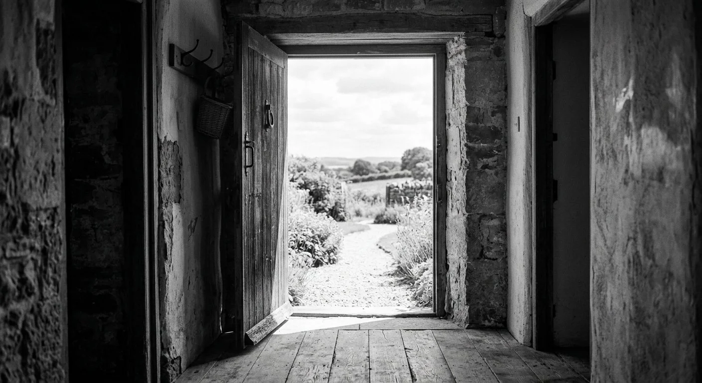View through an open doorway in a stone building towards a sunlit landscape.