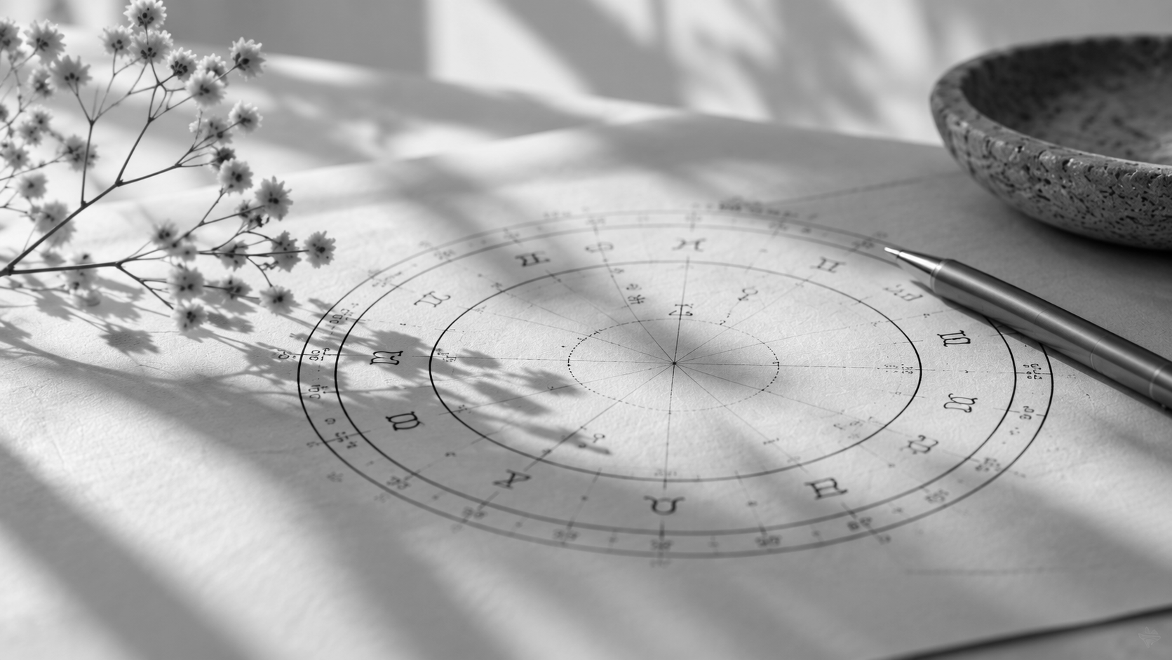 Circular astrology chart on paper beside dried flowers and a bowl, lit by soft sunlight.