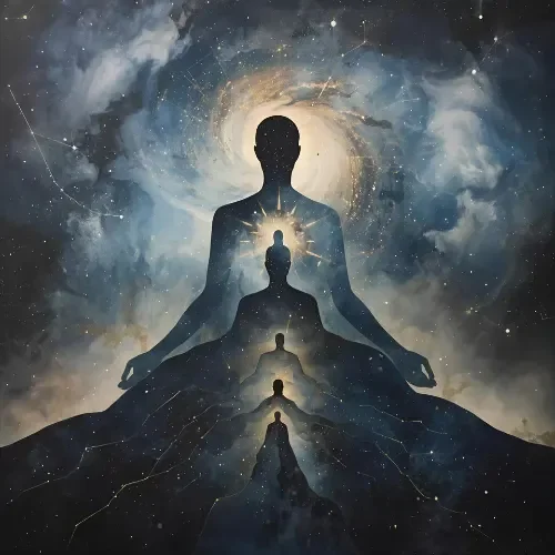 Layered meditating figures within a cosmic silhouette, representing inner reflection, boundaries and self-awareness.