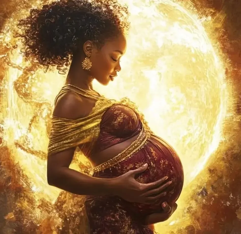 Pregnant woman standing before a luminous moon, symbolising nurture, emotional foundations and new life.