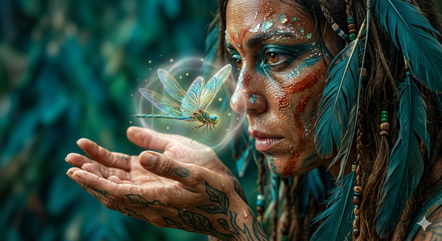 Woman holding a glowing dragonfly, symbolising freedom, transformation and embodied change.