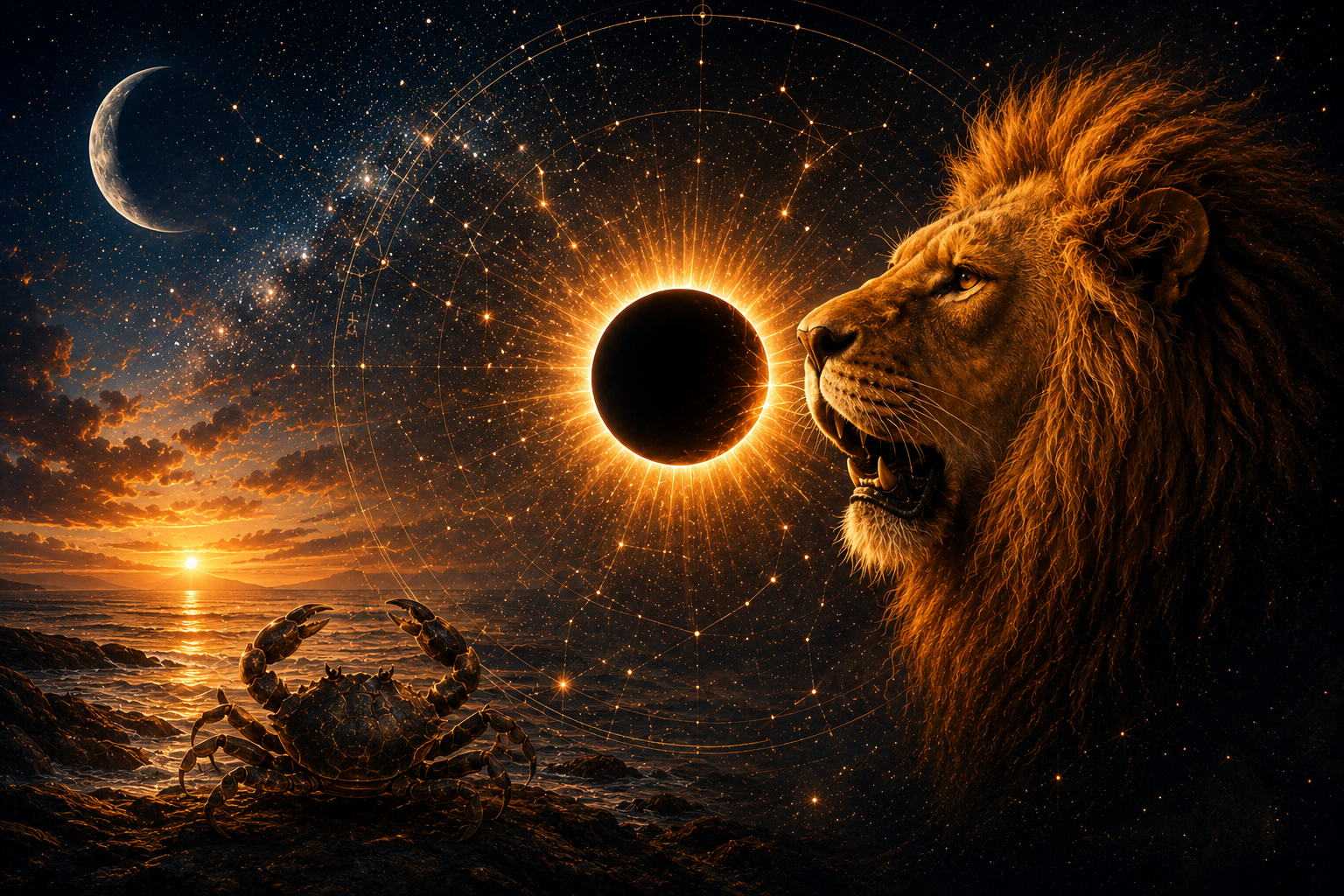 Lion beside a solar eclipse with a crescent moon and crab, symbolising Cancer, Leo and eclipse themes.