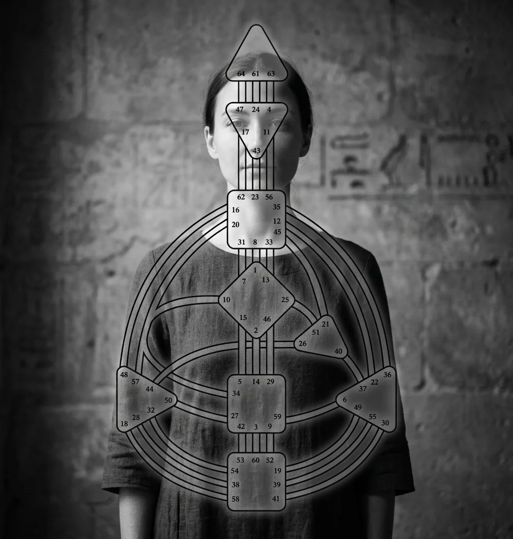 Black-and-white artwork of a sculpted human figure overlaid with a Human Design Bodygraph.
