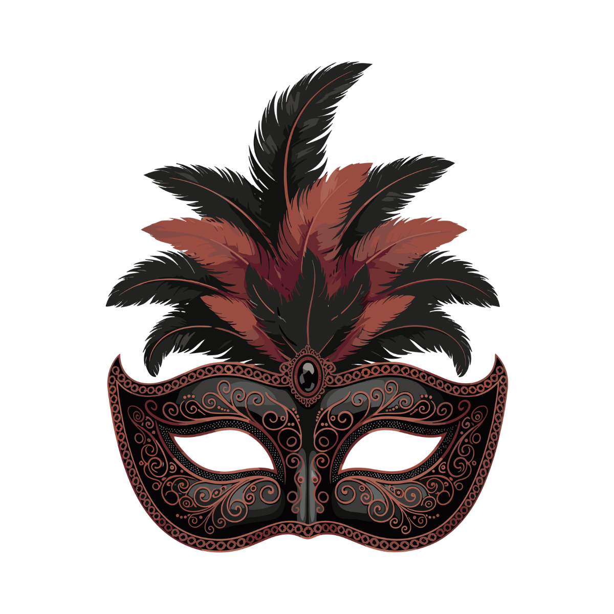 Red and black masquerade mask decorated with feathers.