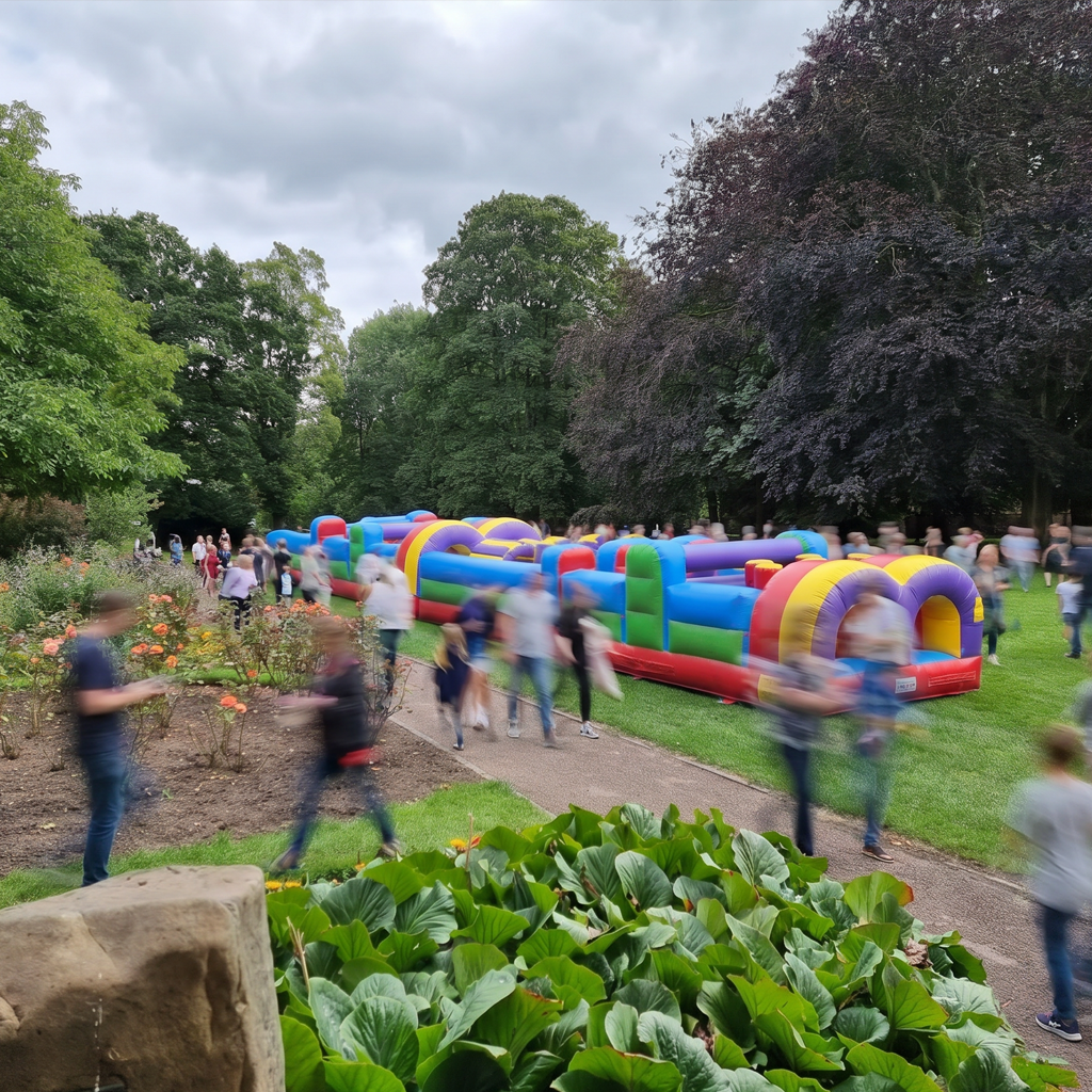 photo of an inflatable obstacle course in the Priory Gardens