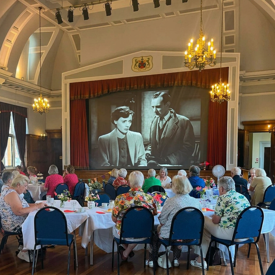 Image of a lot of people seated at tables in the Town Hall with Brief Encounter being shown on a big screen. Photoshopped image. I have no idea if that actual film has ever been shown there. For illustrative purposes only.