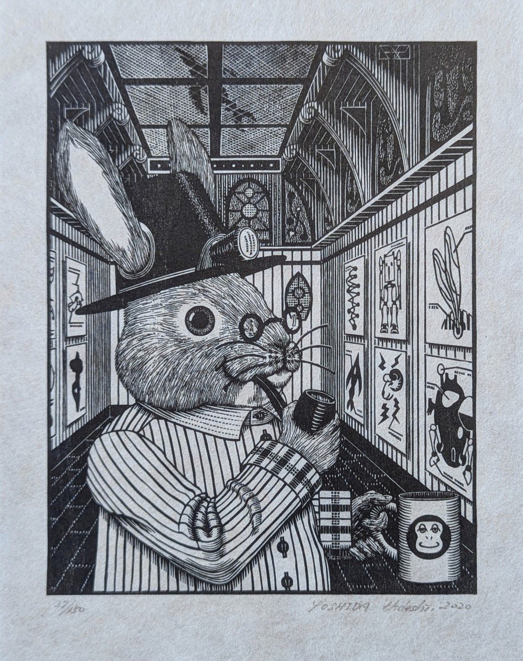 Available Now - An incredible &amp; charming masterpiece by Hideshi Yoshida printed in precision detail on delicate gampi Japanese paper. Set within his Sci-Fi world of Agnahuecom-Land and FROSKEY Inc; the CEO, whilst enjoying his morning coffee, con