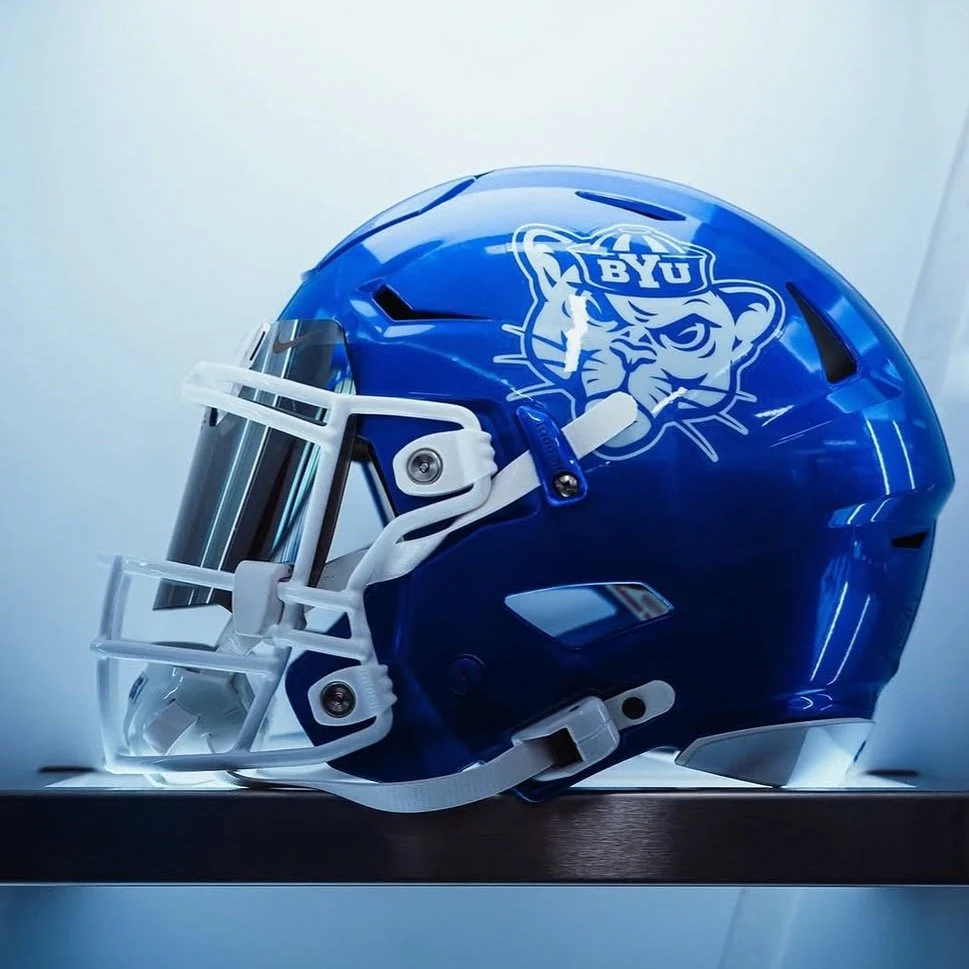 New helmets for @byufootball! Photos courtesy of @uniswag #BYUCougars #sportslogodesign #BYUFootball