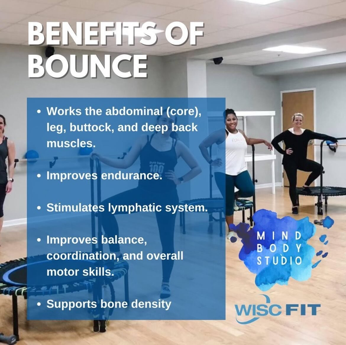 Throwback tunes for this super FUN &amp; effective workout 🎵 

Check out all those benefits of bounce!

Jump into a class today!
https://apps.daysmartrecreation.com/dash/x/#/online/williamsburg/login

#rebounding #belliconjumping #reboundingworkout 