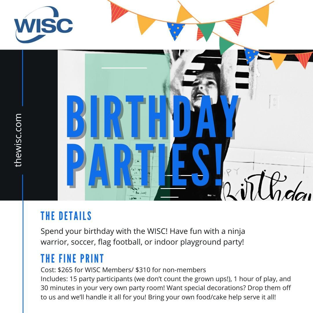 Pick your play for your next party....
🥷 ROC Party (Ninja Warrior)
⚽ Soccer
🏈 Flag Football
🛝 Open Play

Spend your birthday with the WISC!  Have fun with a ninja warrior, soccer, flag football, or indoor playground party! 

Email: ROC@thewisc.com