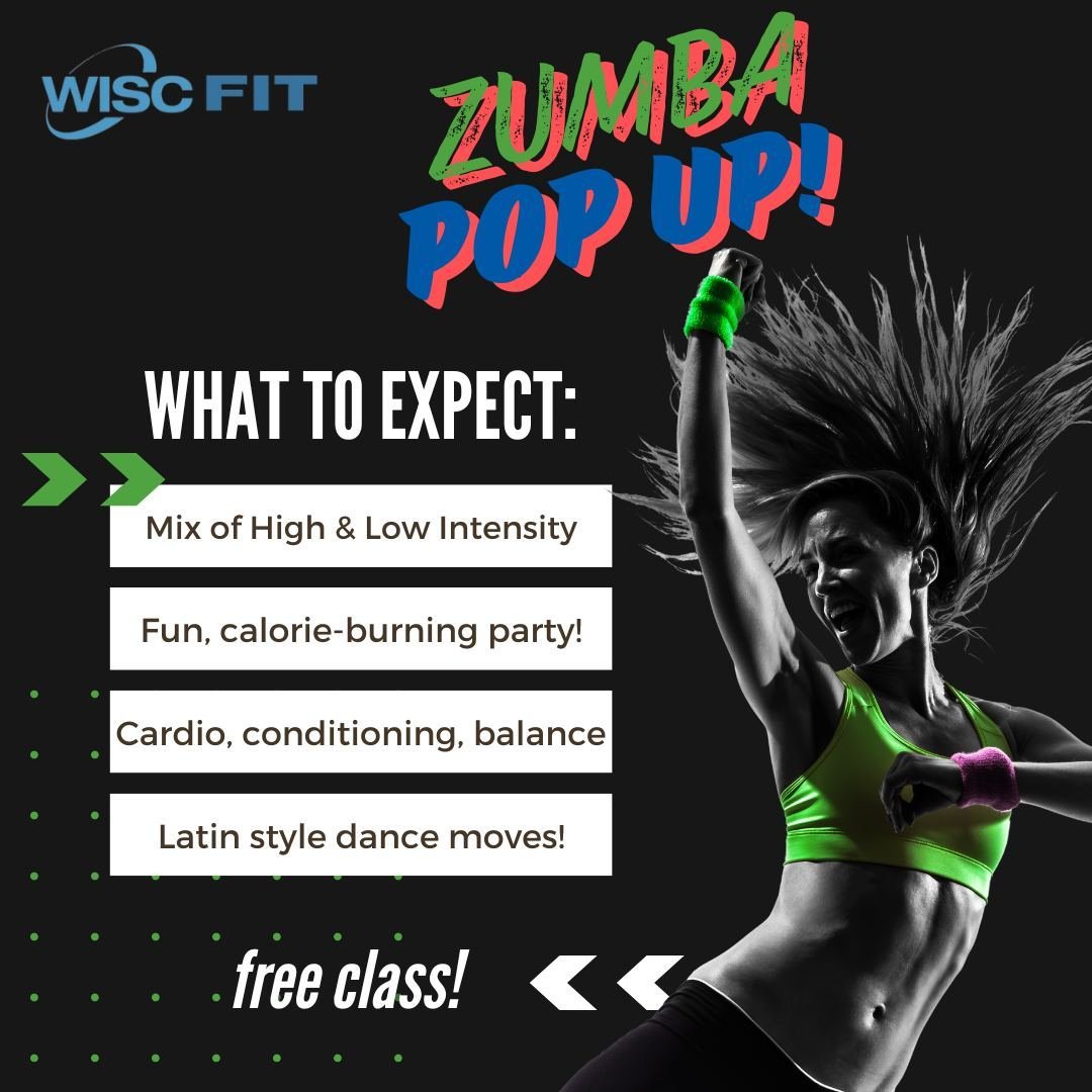 💃 FREE Zumba Pop Up! 💃
Join us for a fun, calorie-burning dance party on Sat, May 11th at 9am!
Thinking of adding Zumba to your workout routine? This is the perfect chance to try it out! 🔥
Mixes high &amp; low-impact moves, cardio, muscle conditio